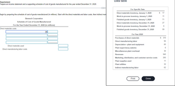 Requirement
Prepare an income statement and a supporting schedule of cost of goods manufactured for the year ended December 31, 2020.
Begin by preparing the schedule of cost of goods manufactured (in millions). Start with the direct materials and labor costs, then indirect man
Benesch Corporation
Schedule of Cost of Goods Manufactured
For the Year Ended December 31, 2020 (in millions)
Direct materials costs:
C
Direct materials used
Direct manufacturing labor costs
Data table
For Specific Date
Direct materials inventory, January 1, 2020
Work-in-process inventory, January 1, 2020
Finished goods inventory, January 1, 2020
Direct materials inventory, December 31, 2020
Work-in-process inventory, December 31, 2020
Finished goods inventory, December 31, 2020
For Year 2020
Purchases of direct materials
Direct manufacturing labor
Depreciation-plant and equipment
Plant supervisory salaries
Miscellaneous plant overhead
Revenues
Marketing, distribution, and customer-service costs
Plant supplies used
Plant utilities
Indirect manufacturing labor
Print
Done
$ 17
11
71
27
6
59
$ 310
95
60
6
30
940
265
11
32
62