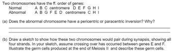 Two chromosomes have the ff. order of genes:
Normal
Abnormal
A B C centromere DEFGHI
A B G F E D centromere C H I
(a) Does the abnormal chromosome have a pericentric or paracentric inversion? Why?
(b) Draw a sketch to show how these two chromosomes would pair during synapsis, showing all
four strands. In your sketch, assume crossing over has occurred between genes E and F.
Illustrate the germ cells produced at the end of Meiosis II and describe these germ cells.