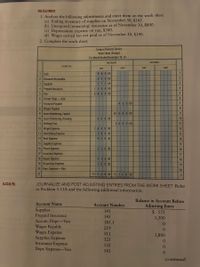 REQUIRED
1. Analyze the following adjustments and enter them on the work sheet.
(a) Ending inventory of supplies on November 30, $185.
(b) Unexpired (remaining) insurance as of November 30, $800.
(c) Depreciation expense on van, $300.
(d) Wages earned but not paid as of November 30, $190.
2. Complete the work sheet.
Campus Delivery Service
Work Sheet (Partial)
For Month Ended November 30, 20 --
TRIAL BALANCE
ADJUSTMENTS
ACCOUNT TITLE
DEBIT
CREDIT
DEBIT
CREDIT
1 Cash
9 80 00
1
2 Accounts Receivable
3 Supplies
5 9 0 00
5 7 5 00
4 Prepaid Insurance
1300 00
4
Van
5 800 00
6
6 Accum. Depr.-Van
7 Accounts Payable
8 Wages Payable
9 Jason Armstrong, Capital
10 Jason Armstrong, Drawing
9 6 0 00
8
10 0 0 0 00
9
6 00 00
10
11 Delivery Fees
2 6 0 0 00
11
12 Wages Expense
180 0 00
12
13 Advertising Expense
14 Rent Expense
15 Supplies Expense
16 Phone Expense
380 00
9 0 0 00
13
14
15
2 20 00
16
17 Insurance Expense
17
18 Repair Expense
19 Oil and Gas Expense
20 Depr. Expense-Van
3 15 00
10 0 00
18
19
20
21
13 5 6 0 00 13 56 0 00
21
(LO2/5)
JOURNALIZE AND POST ADJUSTING ENTRIES FROM THE WORK SHEET Refer
to Problem 5-15A and the following additional information:
Balance in Account Before
Account Name
Account Number
Adjusting Entry
$ 575
Supplies
Prepaid Insurance
Accum. Depr.-Van
Wages Payable
Wages Expense
Supplies Expense
Insurance Expense
Depr. Expense-Van
141
145
1,300
185.1
01
219
511
1,800
523
01
535
0.
541
0.
(continued)
