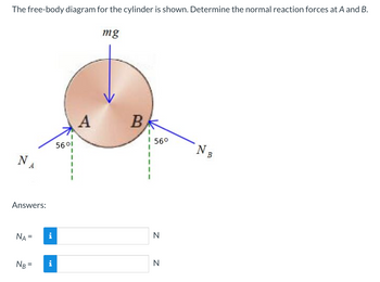 The free-body diagram for the cylinder is shown. Determine the normal reaction forces at A and B.
NA
Answers:
NA=
NB=
i
i
56°1
A
mg
B
56⁰
N
N
N
B