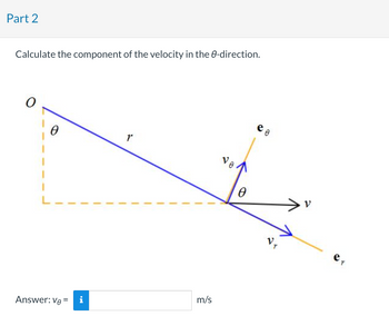 Part 2
Calculate the component of the velocity in the 0-direction.
Answer: V₂ =
i
1
m/s
Vo
0
e o