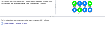 The numbered disks shown are placed in a box and one disk is selected at random. Find the probability of selecting an even number, given that a green disk is selected.

**Diagram Explanation:**

There are eight disks in total. The disks are arranged as follows:

- Green disks: 1, 4, 6
- Blue disks: 2, 3, 5, 7, 8

**Given task:**

Find the probability of selecting an even number, given that a green disk is selected.

This requires calculating the ratio of even-numbered green disks to the total number of green disks.

[Type an integer or a simplified fraction.]