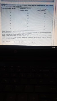 The table given below shows an economy's demand for loanable funds and supply of loanable funds schedules
when the government's budget is balanced.
Real Interest rate (% per year)
Loanable fund demanded
Loanable fund supplied
(Trillian of 2002 $)
(Trillian of 2002 $)
8.5
5.5
8.0
6.0
75
6.5
7.0
7.0
6.5
7.0
9.
6.0
8.0
10
5.5
8.5
a. If the government has a budget surplus of $1 trillion, what are the real interest rate, the quantity of investment, and
the quantity of private saving? Is there any crowding out in this situation?
b. If the government has a budget deficit of $1 trillion, what are the real interest rate, the quantity of investment, and the
quantity of private saving? is there any crowding out in this situation?
c. If the government has a budget deficit of $1 trillion and the Ricardo-Barro effect occurs, what are the real interest rate
and the quantity of investment?
