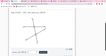 ### Geometry Problem

**Problem Statement:**

If \( m \angle CGB = 101^\circ \), then what is \( m \angle DGA \)?

**Diagram Explanation:**

The diagram consists of several intersecting lines forming angles at points G and H.

- Line \( AB \) is horizontal, passing through G.
- Line \( CD \) is vertical, passing through G.
- Line \( EF \) is horizontal, passing through H.
- Line \( DH \) and \( GH \) extend diagonally.

The angles are labeled as follows:

- \( \angle 1 \) is on the upper side between line \( CG \) and line \( GB \).
- \( \angle 2 \) is on the lower side between line \( GB \) and line \( AB \).
- \( \angle 3 \) is between line \( AG \) and line \( CG \).
- \( \angle 4, 5, \) and \( 6 \) are not explicitly defined in the context.

**Solution Steps:**

1. Recognize that \( \angle CGB \) and \( \angle DGA \) are vertical angles (or supplements depending on the diagram layout).
2. Use the properties of vertical angles or supplementary angles to calculate \( m \angle DGA \).

**Answer:**

\( m \angle DGA = 101^\circ \)

\[ \boxed{101} \]

**Submit your answer below:**

\[ m \angle DGA = \] \[ \_\_\_\_^\circ \]

**Submit Answer** button included for input.