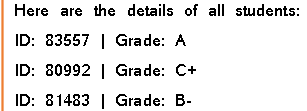 Here are the details of all students:
ID: 83557 | Grade: A
ID: 80992 | Grade: C+
ID: 81483 | Grade: B-