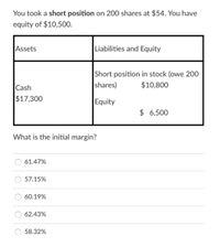 You took a short position on 200 shares at $54. You have
equity of $10,500.
Assets
Liabilities and Equity
Short position in stock (owe 200
shares)
Cash
$10,800
$17,300
Equity
$ 6,500
What is the initial margin?
61.47%
57.15%
60.19%
62.43%
58.32%
