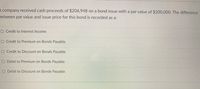 A company received cash proceeds of $206,948 on a bond issue with a par value of $200,000. The difference
petween par value and issue price for this bond is recorded as a:
O Credit to Interest Income
O Credit to Premium on Bonds Payable
O Credit to Discount on Bonds Payable
O Debit to Premium on Bonds Payable
O Debit to Discount on Bonds Payable
