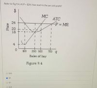 .Refer to Fig 9.4. At P = $24, how much is the per unit profit?
%3D
MC
ATC
24
P MR
20
18
4
100
350 500
700 g
Bales of hay
Figure 9.4
$18
$4
$7
$20
Price
