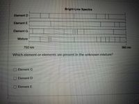 Bright-Line Spectra
Element D I
Element E
Element G
Mixture
750 nm
360 nm
Which element or elements are present in the unknown mixture?
Element G
Element D
Element E
