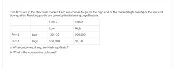 Two firms are in the chocolate market. Each can choose to go for the high end of the market (high quality) or the low end
(low quality). Resulting profits are given by the following payoff matrix:
Firm 2
Firm 2
Low
High
900,600
50, 50
Firm 1
Firm 1
Low
-20, -30
High
100,800
a. What outcomes, if any, are Nash equilibria ?
b. What is the cooperative outcome?