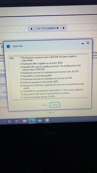 nstionld 1Rlus
lsecld 6269000c
apdhomewarkid
5 of 7 (5 complete)
vie
More Info
lizin
vice
on p
1 The business received cash of $95,000 and gave capital to
Zeke Webb.
Prep
colur
(Con
May
2 Purchased office supplies on account, $450.
4 Paid $63,000 cash for building and land. The building had a fair
market value of $50,000.
to Ze
6 Performed services for customers and received cash, $3,200.
9 Paid $200 on accounts payable.
17 Performed services for customers on account, $2,000.
19 Paid rent expense for the month, $600.
20 Received $1,800 from customers for services to be performed next
month.
Debit
95.0
21 Paid $900 for advertising in next month's IT Technology magazine.
23 Received $1,400 cash on account from a customer.
31 Incurred and paid salaries, $1,600.
Print
Done
ds and t
Clear All
