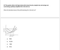 25. This question refers to the figure below which shows the price, marginal cost, and average cost
curves facing a perfectly competitive firm
the short run.
What is the total daily revenue of the profit-maximising firm in the short run?
MC
AC
20
Price
AVC
60
80
100
Output per day
a)
R800
b)
R2 000
c)
R960
d)
R720
Cost, price (Rand)
