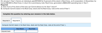 On January 1, Year 1, Carrot, an individual, paid $17,500 for 5 percent of the stock in Root Corp., an S corporation. In November, he
loaned $8,900 to Root Corp. in return for a promissory note. Root Corp. generated a $860,000 operating loss in Year 1.
Required:
a. How much of his share of the loss can Carrot deduct on his Year 1 return?
b. Compute Carrot's basis in his Root Corp. stock and his Root Corp. note at the end of Year 1.
Complete this question by entering your answers in the tabs below.
Required A Required B
Compute Carrot's basis in his Root Corp. stock and his Root Corp. note at the end of Year 1.
Root Stock
Adjusted basis
Root Note