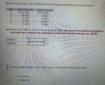 Bruin, Incorporated, has identified the following two mutually exclusive projects:
Year
Cash Flow (A)
-$ 29,200
Cash Flow (B)
-$ 29,200
01234
14.600
12,500
9,300
4,400
9,900
15,400
5,200
17,000
a-1.What is the IRR for each of these projects? (Do not round intermediate calculations
and enter your answers as a percent rounded to 2 decimal places, e.g., 32.16.)
Project A
Project B
%
%
8-
2.
Using the IRR decision rule, which project should the company accept?
Project A
O Project B