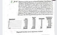 E7-10 Departmental Distribution of Actual Overhead-Step Method. The
Thompson Mining Corporation has producing departments A and B.
and service departments C, D; E, and F. Costs are distributed from F
first, D second, C third, and E fourth. It is the company's policy that
once a service department's costs have been distributed, no costs from
other service departments are to be distributed to it. F distributes one
half of its cost to A and the remainder to D and E on the basis of the
number of employees. D distributes its costs on the basis of investment in
equipment, C's are assigned to B, and E's are distributed on the basis of
floor space. The following information pertains to the month just ended:
Investment in
Square
Feet
Equipment
Employees
40
20
20
30
20
10
Department
Cost
$15,000
12,000
12,000
8,000
2,000
2,000
$51,000
2,000
3,000
4,000
2,000
1,500
2,500
15,000
$170,000
80,000
130,000
70,000 A
50,000
30,000 K
$530,000
A
c.
D.
E,
F.
*********
140
Total
Required: Distribute service department overhead.
Ceanne
eapner
