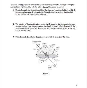 ### Understanding the Celestial Sphere: The Movement of Star B

The "x"s in both figures illustrate four positions through which Star B will pass over the course of one revolution of the celestial sphere. Star A should be disregarded until question 6.

1. **Position at 6 pm:**
   - **Task:** Identify the location of Star B at 6 pm in Figure 1. In Figure 2, circle the corresponding numbered position (1, 2, 3, or 4) that aligns with the identified location of Star B at 6 pm as provided in Figure 1.

2. **Rotation of the Celestial Sphere:**
   - The celestial sphere rotates, causing Star B to return to the same position at approximately 6 pm the next evening. 
   - **Task:** Label each "x" in both figures with the approximate time Star B will be at each position. The position you circled in Question 1 should be labeled as "6 pm."

3. **Direction to Observe Star B at 6 am:**
   - **Task:** Using Figure 2, describe in which direction you must look to see Star B at 6 am.

### Explanation of Figure 2

**Figure 2: Diagram of Celestial Positions**
- **Celestial Sphere and Equator:** This circle represents the celestial sphere, with the Earth's equator projected onto the celestial sphere as the celestial equator.
- **Star Positions:** There are four marked positions (1, 2, 3, 4) indicating the potential positions of Star B.
- **Celestial Sphere Rotation:** Arrows show the rotation direction of the celestial sphere around the observational horizon.

By understanding the movement of stars on the celestial sphere and the rotational dynamics, students can predict the positions of celestial bodies at different times.