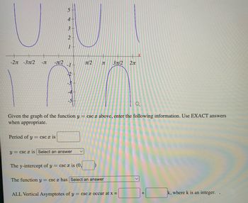 U
-2π -3π/2 -A
-Jt/2
5
4-
3
2
1
Period of y= csc x is
-14
-2
-4
-5
Given the graph of the function y = cscx above, enter the following information. Use EXACT answers
when appropriate.
J/2 П 3л/2 2π
y csc x is Select an answer
The y-intercept of y = csc x is (0,
The function y = cscx has Select an answer
ALL Vertical Asymptotes of y = csc x occur at x =
+
k, where k is an integer.