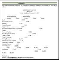 Question 1
The financial statement columns of the worksheet for Abdullah Company as of December 31, 2019 are as
follows:
ABDULLAH COMPANY
Worksheet
For the Year Ended December 31, 2019
Balance Sheet
Credit
Income Statement
Accounts
Debit
Debit
Credit
Cash
8,000
Accounts Receivable
Supplies
Prepaid Insurance
Equipment
Accumulated Depreciation-Equipment
Patents
26,000
4,500
7,000
41,000
4,800
7,500
Accounts Payable
Notes Payable (due 2020)
Owner's Capital
Owner's Drawings
Service Revenue
Salaries and Wages Expense
Depreciation Expense
Insurance Expense
Interest Expense
22,200
20,000
43,300
4.200
26,400
5,200
4,800
5,000
3.500
Totals
18,500
26,400
98,200
90,300
Net Income
7,900
7,900
26,400
26,400
98,200
98,200
Instructions
Prepare a classified balance sheet for Abdullah Company
