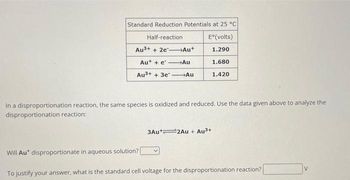 **Standard Reduction Potentials at 25°C**

| Half-reaction                  | E° (volts) |
|--------------------------------|------------|
| Au³⁺ + 2e⁻ → Au⁺               | 1.290      |
| Au⁺ + e⁻ → Au                  | 1.680      |
| Au³⁺ + 3e⁻ → Au                | 1.420      |

In a disproportionation reaction, the same species is oxidized and reduced. Use the data given above to analyze the disproportionation reaction:

\[ 3\text{Au}^+ \rightleftharpoons 2\text{Au} + \text{Au}^{3+} \]

Will Au⁺ disproportionate in aqueous solution? [ ]

To justify your answer, what is the standard cell voltage for the disproportionation reaction? [ ] V