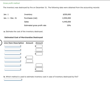 Gross profit method
The inventory was destroyed by fire on December 31. The following data were obtained from the accounting records:
Jan. 1
Jan. 1 Dec. 31
Inventory
Purchases (net)
Sales
Estimated gross profit rate
a. Estimate the cost of the inventory destroyed.
Estimated Cost of Merchandise Destroyed
Line Item Description Amount Amount
$
$350,000
2,950,000
4,440,000
35%
b. Which method is used to estimate inventory cost in case of inventory destroyed by fire?