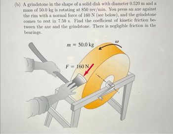 (b) A grindstone in the shape of a solid disk with diameter 0.520 m and a
mass of 50.0 kg is rotating at 850 rev/min. You press an axe against
the rim with a normal force of 160 N (see below), and the grindstone
comes to rest in 7.50 s. Find the coefficient of kinetic friction be-
tween the axe and the grindstone. There is negligible friction in the
bearings.
m = 50.0 kg
F = 160 N