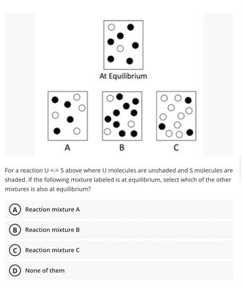 A
A Reaction mixture A
B
D
For a reaction U <-> S above where U molecules are unshaded and S molecules are
shaded. If the following mixture labeled is at equilibrium, select which of the other
mixtures is also at equilibrium?
Reaction mixture B
Reaction mixture C
At Equilibrium
None of them
B
C