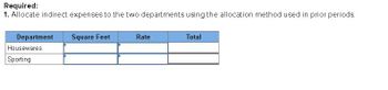 Required:
1. Allocate indirect expenses to the two departments using the allocation method used in prior periods.
Department
Housewares
Sporting
Square Feet
Rate
Total