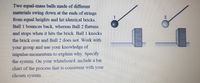 Two equal-mass balls made of different
materials swing down at the ends of strings
from equal heights and hit identical bricks.
Ball 1 bounces back, whereas Ball 2 flattens
and stops when it hits the brick. Ball I knocks
the brick over and Ball 2 does not. Work with
your group and use your knowledge of
impulse-momentum to explain why. Specify
the system. On your whiteboard, include a bar
chart of the process that is consistent with your
chosen system.
