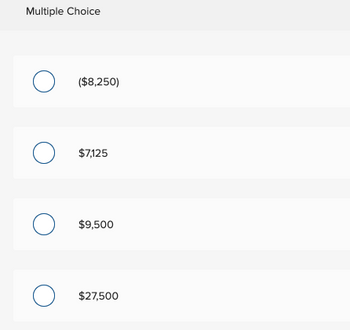 Multiple Choice
о
($8,250)
о
О
$7,125
$9,500
о
$27,500