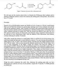 **Title: Williamson Ether Synthesis of p-cresol with α-chloroacetic acid**

**Introduction:**
This experiment demonstrates the Williamson ether synthesis using p-cresol and α-chloroacetic acid. The goal is to synthesize an ether and determine its purity and identity through melting point analysis. The expected reaction yield is 75%.

**Procedure:**

1. **Preparation of Reaction Mixture:**
   - Dissolve 4.0 g of KOH pellets in 8 mL of water in a 250-mL round-bottom flask with two ground-glass openings.
   - Add 2.0 grams of p-cresol to the flask. Swirl until homogeneous.
   - Add three boiling stones and attach a reflux condenser.

2. **Reaction Process:**
   - Heat the mixture to a gentle boil.
   - Add 6 mL of 50% aqueous chloroacetic acid dropwise using a separatory funnel.
   - Continue refluxing for 10 minutes after the addition of chloroacetic acid.

3. **Post-Reaction Operations:**
   - Transfer the mixture to a small beaker while warm.
   - Dilute by adding about 10 mL of water, then transfer to a 100-mL beaker.
   - Acidify to pH 2 using concentrated 12 M HCl, monitoring with pH paper.

4. **Purification:**
   - Cool the mixture in an ice bath to precipitate the product.
   - Filter the solid using a Büchner funnel and vacuum filtration.
   - Re-crystallize by dissolving the crude product in 50 mL of water and cooling.

5. **Final Steps:**
   - Collect and vacuum-filter the re-crystallized product.
   - Dry the product before weighing.

**Analysis:**
   - Weigh the dried product to calculate yield.
   - Determine the melting point for product identification.
   - Acquire the ^1H and ^13C-NMR spectra in DMSO-d₆.

**Figure:**
- Depicts the chemical reaction of p-cresol with α-chloroacetic acid, highlighting the transformation through the Williamson ether synthesis. Reactants and products are chemically structured with appropriate reagents indicated for each step.