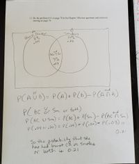 ### Explanation of Probability Problem Involving Breast Cancer and Smoking

#### Instructions
- **Problem Statement**: Do the problem #11 on page 78 in the Chapter 3 Review questions and exercises starting on page 76.

#### Diagram
The diagram is a Venn diagram used to visualize the probabilities of two events, A and B:
- **A** represents individuals with breast cancer.
- **B** represents individuals who are smokers.

The Venn diagram has two intersecting circles with the following data:
- **Circle A (Breast Cancer)**:
  - Breast Cancer only: 4% (0.04)
- **Circle B (Smokers)**:
  - Smokers only: 20% (0.20)
- **Intersection of A and B (Both Breast Cancer and Smokers)**:
  - Both: 3% (0.03)

#### Probability Calculation
The goal is to find the probability that a person has either breast cancer, smokes, or both.

The formula used is: 

\[ P(A \cup B) = P(A) + P(B) - P(A \cap B) \]

Where:
- \( P(A \cup B) \) is the probability of having either event A or event B or both.
- \( P(A) \) is the probability of having breast cancer: 0.04
- \( P(B) \) is the probability of being a smoker: 0.20
- \( P(A \cap B) \) is the probability of having both breast cancer and being a smoker: 0.03

The calculation follows these steps:
1. **Add probabilities of each individual event**:
    \[ P(A) + P(B) = 0.04 + 0.20 \]
2. **Subtract the intersection of both events**:
    \[ P(A \cup B) = 0.04 + 0.20 - 0.03 \]

This simplifies to:
\[ P(BC \cup Sm) = 0.24 - 0.03 = 0.21 \]

#### Conclusion
The probability that an individual has had breast cancer, smokes, or both is calculated to be 0.21 (21%).

This exercise demonstrates how to use the addition rule of probability involving overlapping sets (events) to avoid double-counting the intersection.