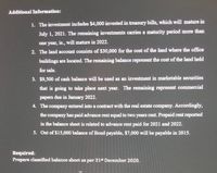 Additional Information:
1. The investment includes $4,000 invested in treasury bills, which will mature in
July 1, 2021. The remaining investments carries a maturity period more than
one year, ie., will mature in 2022.
2. The land account consists of $30,000 for the cost of the land where the office
buildings are located. The remaining balance represent the cost of the land held
for sale.
3. $9,500 of cash balance will be used as an investment in marketable securities
that is going to take place next year. The remaining represent commercial
papers due in January 2022.
4. The company entered into a contract with the real estate company. Accordingly,
the company has paid advance rent equal to two years rent. Prepaid rent reported
in the balance sheet is related to advance rent paid for 2021 and 2022.
5. Out of $15,000 balance of Bond payable, $7,000 will be payable in 2015.
Required:
Prepare classified balance sheet as per 31t December 2020.
