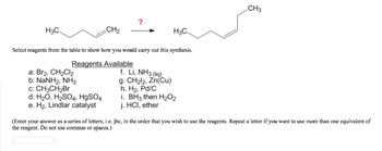 H3C.
CH₂
a: Br2, CH₂Cl₂
b: NaNH2, NH3
c: CH3CH₂Br
d: H₂O, H₂SO4, HgSO4
e. H₂, Lindlar catalyst
?
Select reagents from the table to show how you would carry out this synthesis.
Reagents Available
H3C
f. Li, NH3 (liq)
g. CH₂l2, Zn(Cu)
h. H₂, Pd/C
i. BH3 then H₂O2
j. HCI, ether
CH3
(Enter your answer as a series of letters, i.e. jbc, in the order that you wish to use the reagents. Repeat a letter if you want to use more than one equivalent of
the reagent. Do not use commas or spaces.)