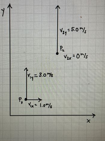 Y
P₁
Tv₁y = 8.0 17/6
V₁x= 1.0m/s
V₂y = 5.0 m/s
P₂
V₂x=0"/s
X