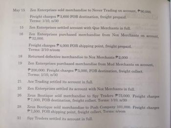 May 15
15
16
21
25
26
28
Zen Enterprises sold merchandise to Never Trading on account, 90,000.
921
Freight charges P3,600 FOB destination, freight prepaid.
Terms: 1/10, n/30
18 Returned defective merchandise to Nox Merchants P2,000
19
Zen Enterprises purchased merchandise from Mud Merchants on account,
P200,000. Freight charges P5,000, FOB destination, freight collect.
Terms: 1/10, n/30
Ace Trading settled its account in full.
Zen Enterprises settled its account with Nox Merchants in full.
Zeus Boutique sold merchandise to Spy Traders P75,000. Freight charges
P7,000, FOB destination, freight collect. Terms: 1/10, n/30
31
Zen Enterprises settled account with Que Merchants in full.
Zen Enterprises purchased merchandise from Nox Merchants on account,
P32,000.
Freight charges P4,000 FOB shipping point, freight prepaid.
Terms: 2/10 n/eom
Zeus Boutique sold merchandise to Posh Company 101,000. Freight charges
7,500, FOB shipping point, freight collect. Terms: n/eom
Spy Traders settled its account in full.