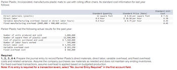 Parker Plastic, Incorporated, manufactures plastic mats to use with rolling office chairs. Its standard cost information for last year
follows:
Direct materials (plastic)
Direct labor
Variable manufacturing overhead (based on direct labor hours)
Fixed manufacturing overhead ($405,000 ÷ 900,000 units)
Parker Plastic had the following actual results for the past year:
Number of units produced and sold
Number of square feet of plastic used
Cost of plastic purchased and used
Number of labor hours worked
Direct labor cost
Variable overhead cost
Fixed overhead cost
1,000,000
11,500,000
$ 7,360,000
345,000
$ 3,398,250
$ 293,250
$ 388,000
Standard Quantity
12 square foot
0.6 hour
0.6 hour
Standard Price (Rate)
$ 0.66 per square foot
$10.50 per hour
$ 0.75 per hour
Required:
1., 2., 3., & 4. Prepare the journal entry to record Parker Plastic's direct materials, direct labor, variable overhead, and fixed overhead
costs and related variances. Assume the company purchases raw materials as needed and does not maintain any ending inventories.
For fixed overhead transactions, assume overhead is applied based on budgeted production.
Note: If no entry is required for a transaction/event, select "No Journal Entry Required" in the first account field.
Standard Unit
Cost
$7.92
6.30
0.45
0.45