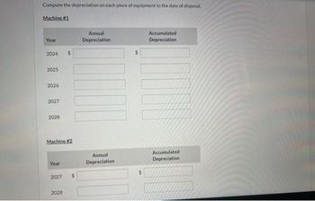 Compute the depreciation on each piece of equipment to the date of disposal.
Machine #1
Year
2024
2025
2026
2027
2028
Machine #2
Year
$
2027 $
2028
Annual
Depreciation
Annual
Depreciation
$
$
Accumulated
Depreciation
Accumulated
Depreciation