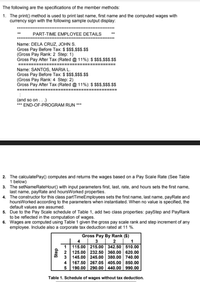 The following are the specifications of the member methods:
1. The print() method is used to print last name, first name and the computed wages with
currency sign with the following sample output display:
PART-TIME EMPLOYEE DETAILS
**
Name: DELA CRUZ, JOHN S.
Gross Pay Before Tax: $ $$$,$$$.$$
(Gross Pay Rank: 2 Step: 1)
Gross Pay After Tax (Rated @ 11%): $ $$$,s$S.$$
======
Name: SANTOS, MARIA L.
Gross Pay Before Tax: $ $$$,$$$.$$
(Gross Pay Rank: 4 Step: 2)
Gross Pay After Tax (Rated @ 11%): $ $$$,S$$.$$
===
====
(and so on...)
*** END-OF-PROGRAM RUN ***
2. The calculatePay() computes and returns the wages based on a Pay Scale Rate (See Table
1 below)
3. The setNameRateHour() with input parameters first, last, rate, and hours sets the first name,
last name, payRate and hoursWorked properties.
4. The constructor for this class partTimeEmployees sets the first name, last name, payRate and
hoursWorked according to the parameters when instantiated. When no value is specified, the
default values are assumed.
5. Due to the Pay Scale schedule of Table 1, add two class properties: payStep and PayRank
to be reflected in the computation of wages.
6. Wages are computed using Table 1 given the gross pay scale rank and step increment of any
employee. Include also a corporate tax deduction rated at 11 %.
Gross Pay By Rank ($)
4
3
2
1 115.00 215.00 342.50 510.00
2
125.00 232.50 360.00 620.00
3 145.00 245.00 380.00 740.00
4 167.50 267.05 405.00 850.00
190.00 290.00 440.00 990.00
Table 1. Schedule of wages without tax deduction.
Step
