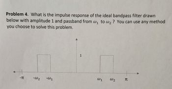 Problem 4. What is the impulse response of the ideal bandpass filter drawn
below with amplitude 1 and passband from w₁ to w₂? You can use any method
you choose to solve this problem.
-TT -W2 -W₁
1
W1 W2
E