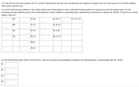 13. A law firm is run by four partners (A, B, C, and D). Each partner has one vote, and decisions are made by a majority rule, but in the case of a 2-2 tie the coalition
with a senior partner wins.
a) List all of the winning coalitions in this voting system and critical players in each. Indicate all losing coalitions by typing Lose into the answer space. For the
remaining winning coalitions, type in the critical player(s) in each coalition in ascending order, separated by commas but no spaces (ex. P5,P6). If there are no critical
players, type n/a.
{A}
КА, В}
КА, В, С}
КА, В, С, D}
{B}
{A. C}
КА, В, D}
(C}
КА, D}
КА, С, D}
{D}
{B, C}
(В, С, D}
{B,D}
{C,D}
b) Find the Banzhaf power index of this law firm. Type your answers as percentages rounded to two decimal places, no percentage sign (ex. 50.00).
B1
B 2
В з
B4
