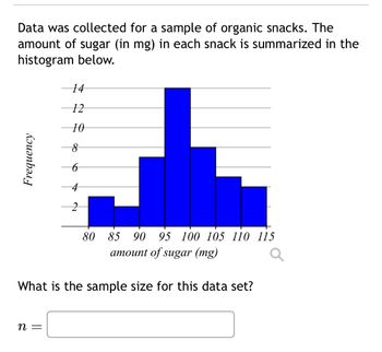 Data was collected for a sample of organic snacks. The
amount of sugar (in mg) in each snack is summarized in the
histogram below.
Frequency
14
12
10
n =
6
4
2
80 85 90 95 100 105 110 115
amount of sugar (mg)
What is the sample size for this data set?