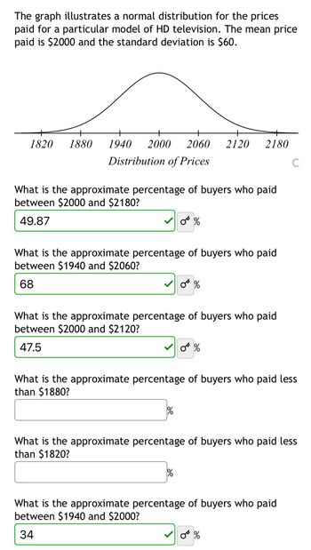 The graph illustrates a normal distribution for the prices
paid for a particular model of HD television. The mean price
paid is $2000 and the standard deviation is $60.
+
1820 1880 1940 2000
2060 2120
2180
Distribution of Prices
C
What is the approximate percentage of buyers who paid
between $2000 and $2180?
49.87
0%
What is the approximate percentage of buyers who paid
between $1940 and $2060?
68
0*%
What is the approximate percentage of buyers who paid
between $2000 and $2120?
47.5
☑0%
What is the approximate percentage of buyers who paid less
than $1880?
%
What is the approximate percentage of buyers who paid less
than $1820?
%
What is the approximate percentage of buyers who paid
between $1940 and $2000?
34
0%