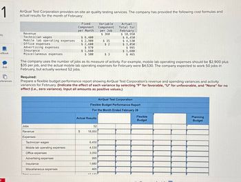 1
AirQual Test Corporation provides on-site air quality testing services. The company has provided the following cost formulas and
actual results for the month of February:
Fixed
Component
per Month
Variable
Component
Revenue
ts
per Job
$ 360
Actual
Total for
February
$ 18,950
Technician wages
$ 6,400
$ 6,450
Mobile lab operating expenses
$ 2,900
$ 35
$ 4,530
Office expenses
$ 2,600
$ 2
$ 3,050
Advertising expenses
Insurance
$ 970
$ 1,680
$ 995
$ 1,680
eBook
Miscellaneous expenses
$ 500
$ 3
$ 465
Ask
eferences
The company uses the number of jobs as its measure of activity. For example, mobile lab operating expenses should be $2,900 plus
$35 per job, and the actual mobile lab operating expenses for February were $4,530. The company expected to work 50 jobs in
February, but actually worked 52 jobs.
Required:
Prepare a flexible budget performance report showing AirQual Test Corporation's revenue and spending variances and activity
variances for February. (Indicate the effect of each variance by selecting "F" for favorable, "U" for unfavorable, and "None" for no
effect (i.e., zero variance). Input all amounts as positive values.)
AirQual Test Corporation
Flexible Budget Performance Report
For the Month Ended February 28
C
Jobs
Revenue
Expenses:
Actual Results
52
$
18,950
Technician wages
Mobile lab operating expenses
Office expenses
Advertising expenses
Insurance
Miscellaneous expenses
Total nunonen
6,450
4,530
3,050
995
1,680
465
47 470
Flexible
Budget
Planning
Budget
www