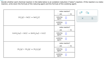 Decide whether each chemical reaction in the table below is an oxidation-reduction ("redox") reaction. If the reaction is a redox
reaction, write down the formula of the reducing agent and the formula of the oxidizing agent.
2C1₂(g) + Sn(s) →
SnC14 (s)
CuSO (aq) + Zn (s) → ZnSO₂ (aq) + Cu (s)
4
2N₂(g) + 50₂(g) 2N₂O₂(g)
redox reaction?
yes
reducing
agent:
oxidizing
agent:
redox reaction?
yes
reducing
agent:
oxidizing П
agent:
redox reaction?
yes
reducing 0
agent:
oxidizing 0
agent:
no
no
no
X
00
Ś