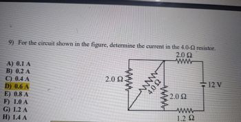 9) For the circuit shown in the figure, determine the current in the 4.0-9 resistor.
2.09
www
A) 0.1 A
B) 0.2 A
C) 0.4 A
D) 0.6 A
E) 0.8 A
F) 1.0 A
G) 1.2 A
H) 1.4 A
2.0 Ω.
A
www
4.0 52
• 2.0 Ω
www
1.2 S2
12 V