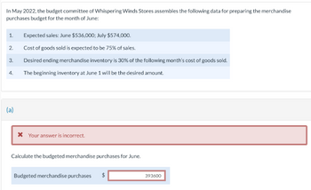 In May 2022, the budget committee of Whispering Winds Stores assembles the following data for preparing the merchandise
purchases budget for the month of June:
1. Expected sales: June $536,000; July $574,000.
2.
Cost of goods sold is expected to be 75% of sales.
3.
Desired ending merchandise inventory is 30% of the following month's cost of goods sold.
4.
The beginning inventory at June 1 will be the desired amount.
(a)
* Your answer is incorrect.
Calculate the budgeted merchandise purchases for June.
Budgeted merchandise purchases
$
393600