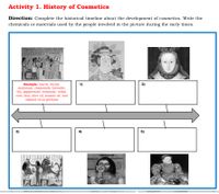 Activity 1. History of Cosmetics
Direction: Complete the historical timeline about the development of cosmetics. Write the
chemicals or materials used by the people involved in the picture during the early times.
1)
2)
Example: myrrh, thyme,
marjoram, chamomile, lavender,
lily, peppermint, rosemary, cedar,
rose, aloe, olive oil, sesame oil, and
almond oil as perfume
3)
4)
5)
