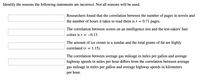 Identify the reasons the following statements are incorrect. Not all reasons will be used.
Researchers found that the correlation between the number of pages in novels and
the number of hours it takes to read them is r = 0.71 pages.
The correlation between scores on an intelligence test and the test-takers' hair
colors is r = -0.13.
The amount of ice cream in a sundae and the total grams of fat are highly
correlated (r = 1.15).
The correlation between average gas mileage in miles per gallon and average
highway speeds in miles per hour differs from the correlation between average
gas mileage in miles per gallon and average highway speeds in kilometers
per hour.
