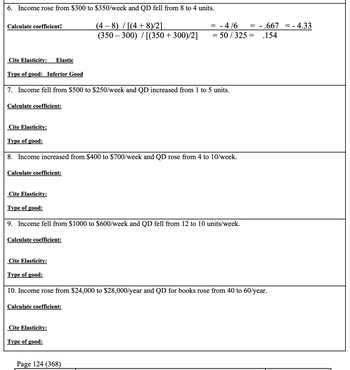 6. Income rose from $300 to $350/week and QD fell from 8 to 4 units.
(4 − 8) / [(4 + 8)/2]
(350-300) / [(350 + 300)/2]
Calculate coefficient:
Cite Elasticity: Elastic
Type of good: Inferior Good
7. Income fell from $500 to $250/week and QD increased from 1 to 5 units.
Calculate coefficient:
Cite Elasticity:
Type of good:
8. Income increased from $400 to $700/week and QD rose from 4 to 10/week.
Calculate coefficient:
Cite Elasticity:
Type of good:
9. Income fell from $1000 to $600/week and QD fell from 12 to 10 units/week.
Calculate coefficient:
Cite Elasticity:
= -4/6 =
= 50/325 =
Type of good:
Cite Elasticity:
Type of good:
10. Income rose from $24,000 to $28,000/year and QD for books rose from 40 to 60/year.
Calculate coefficient:
Page 124 (368)
- .667
.154
= - 4.33