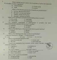 5.
Which nutrient group is used in the composition of waxes and responsible
for insulation of some organisms?
A. carbohydrates
B. lipids
C. snucleic acids
D. proteins
Which of the following groups are all classified as połysaccharide?
A. sucrose, glucose and fructose
B. głycogen, sucrose and maltose
C. maltose, lactose and fructose
D. glycogen, cellulose and starch
Which of the following is considered as the building blocks of protein?
A. amino acids
B. nucleic acids
The excessive consumption of carbohydrates is converted into which
8.
C. nucleotides
D. polypeptides
9.
polysaccharide that is stored in the liver and in muscles?
C. hemoglobin
D. uric acid
A. creatinine
B. glycogen
10.
Which of the following is a monosaccharide which is used in dextrose?
A. fructose
B. galactose
Which of the following is the major function of carbohydrates?
1. structural framework 2. storage 3. energy production
A. 1 only
Which is termed as the blueprint of life?
A. deoxyribonucleic acid
B. fatty acid
Proteins are composed of four elements, namely: carbon, hydrogen, oxygen ana
C. glucose
D. lactose
11.
B. 2 only
C. 3 only
D. 1 & 3 only
12
C. nucleic acid
D. ribonucleic acid
13.
what other element?
A. magnesium
B. nitrogen
C. phosphorous
D. sulfur
The sugar in RNA is
A. deoxyribose, ribose
B. ribose, deoxyribose
the sugar in DNA is
C. ribose, phosphate
D. ribose, uracil
14.
Which is NOTa part of a nucleotide?
A. nitrogenous base
B. phosphate group
15.
C. saturated tats
D. suger
6.
